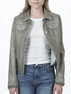 JKT NYC Women’s Gray Leather Fringe Jean Jacket size XS